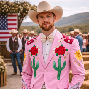 Men’s Pink Embroidered Western Suit <b>Set</b> with Floral & Cactus Design – Cowboy Style Wedding / Party Wear <b>Blazer</b> Pant Outfit - Product Image 1