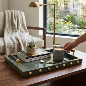 Plateau de service rectangulaire en résine fait main avec poignées et clous en laiton, plateau moderne en résine pour la décoration de la maison - Product Image 5