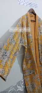 Kimono acolchado estampado amarillo para mujer, kimono largo, manga tres cuartos, cuello en V, ropa de dormir informal, tejido, para primavera - Product Image 5