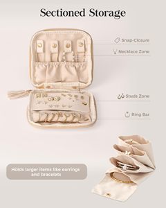 Beige PU Leather Jewelry Case Zipper Portable Storage Organizer Foldable Travel Necklace Ring Earring <b>Holder</b> - Product Image 4