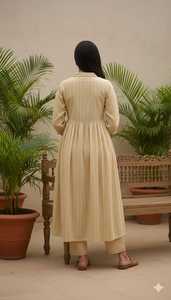 Conjunto de Pantalón y Kurta Larga de Manga Tres Cuartos con Cuello en V para Mujer, Ajuste Regular, 100% Poliéster, Elegante, Festivo, Estilo Étnico - Product Image 3