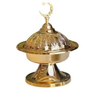 Gold Polished Metal Serving <b>Bowl</b> <b>with</b> <b>Lid</b> and Crescent Moon Finial Oriental Wedding Decor - Product Image 1