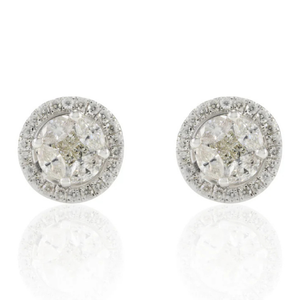 18K White Gold Oval Cut Diamond & Pearl Cluster Halo Stud <b>Earrings</b> - Product Image 1