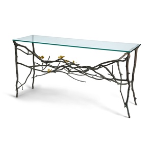 Saleem international 2026 Luxury Upholstered <b>Table</b> with Gold Metal Ginkgo Leaf Base <b>Decorative</b> Entryway or Bedroom Seating - Product Image 3