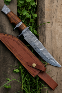 Couteau d'extérieur, lame en acier Damas, manche en bois, avec étui en cuir, couteau personnalisé - Product Image 3