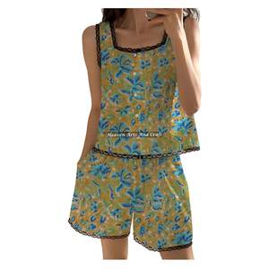 Conjunto de Pijama de Algodón 100% Indio con Estampado de Bloques y Ribete de Encaje, Pantalones Cortos, Conjunto de Pijama sin Mangas con Estampado Floral para Primavera/Verano, ¡Gran Venta! - Product Image 6