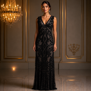 Vestido de Noche Largo de Lujo con Cuentas Negras, Escote Profundo en V, Sin Mangas, para Fiesta Formal, Cóctel, Boda, Vestido Maxi Elegante para Mujer - Product Image 3