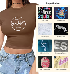 Women <b>Crop</b> <b>Top</b> Crew Neck Short Sleeve Solid Color Casual T-Shirt Slim Fit Breathable Jersey Fabric Spring Summer Wear - Product Image 5