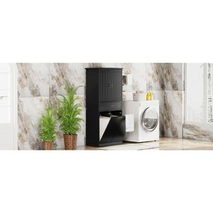 Mobiletto Nero per Bagno con Due Cesti Portabiancheria e Cassetti Organizzatori con Ante - Product Image 1