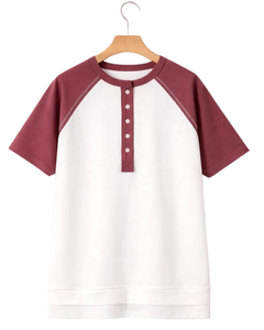 Women White Burgundy Raglan Sleeve Henley T Shirt Cotton Blend Short Sleeve Casual Summer <b>Top</b> Comfortable Lightweight Tee Wear - Product Image 1
