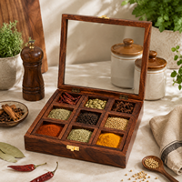 Boîte à épices en bois avec compartiments |   Organisateur d'assaisonnements aux herbes Masala |   Conteneur de rangement de cuisine durable |   Cuisine traditionnelle