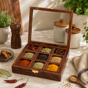 Wooden <b>Spice</b> Box with Compartments | Masala Herb Seasoning Organizer | Durable Kitchen Storage Container | Traditional Cooking - Product Image 4