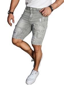 Short en jean d'été gris clair pour homme avec motif déchiré et effiloché Motif solide Tendance de la rue et style décontracté Impression numérique - Product Image 4