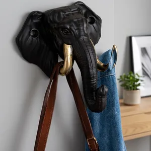 Elephant Head Wall Hook Cast Iron Black With Brass Tusks Novelty Coat Rack Entryway Mounting - Product Image 4