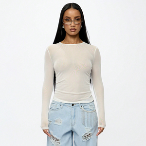 เสื้อยืดตาข่ายแขนยาวปักลายสีพื้นทรงเข้ารูปสำหรับผู้หญิงขายส่งแบบกำหนดเอง เสื้อยืดตาข่ายแขนยาวระบายอากาศสำหรับผู้หญิง - Product Image 1