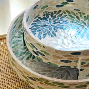 Handcrafted Set of 2 Mother of Pearl Mosaic <b>Trays</b>, Round Shell Inlay Decorative <b>Tray</b> Set, Premium Nesting Artisan <b>Trays</b> - Product Image 4