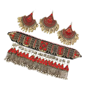 Magnifique collier pectoral afghan Kuchi de grande taille avec clochettes suspendues et accents de pierres rouges, bijoux tribaux traditionnels - Product Image 4