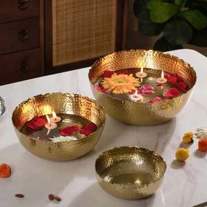 Luxury Handmade Hammered Lotus Brass Bowl Set of 3 Decorative Serving & Floating Candle Urli Bowls with Lid <b>Christmas</b> Easter - Product Image 2