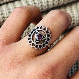 Chakra <b>Garnet</b> Floral Brass <b>Ring</b> <b>Silver</b> Plated Mandala Womens Statement Wholesale <b>Ring</b> - Product Image 6