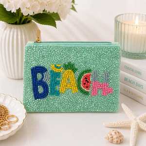 Handmade Beaded Lightweight <b>Square</b> Beach Purse Mint Green Cotton Zipper Pouch Flower Theme - Product Image 1