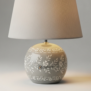 Luxury <b>Round</b> Bone Inlay <b>Table</b> Lamp with Beige Fabric Shade | Handcrafted Floral Inlay <b>Bedside</b> Lamp - Product Image 3