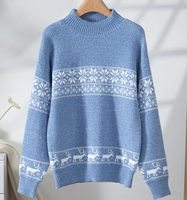 Pulls de Noël FNJIA pour femmes, pull en tricot jacquard bleu flocon de neige, col montant en chenille, pull en tricot d'hiver OEM