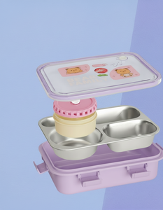 Boîte à lunch bento carrée en acier inoxydable à 3 compartiments, mignonne, pour enfants, anti-fuite, écologique, récipient de stockage alimentaire - Product Image 2
