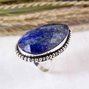 Anillo de Plata SHYAM JEWELRS con Lapislázuli en Forma de Lágrima, Corte Rosa, Piedra Azul, Diseño Vintage Tribal con Borde de Cuentas, Estilo Boho Hippie - Product Image 4