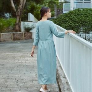 Robe midi vintage en lin biologique 100 % coton pour femme, taille haute, coupe ample, manches courtes, tenue d'été personnalisée, grandes tailles - Product Image 1