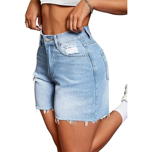 Women's <b>Stretch</b> <b>Denim</b> Shorts High Waist Raw Hem Long Cutoff Mom Fit Summer Jorts Made in Bangladesh Factory - Product Image 1