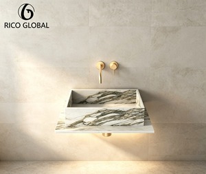 Lavabo de Pared RICO GLOBAL de Mármol Rectangular con Grifo Dorado Minimalista para Baño - Product Image 1