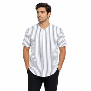 Chemise décontractée pour homme, style baseball, à rayures fines blanches, manches courtes, col mandarin, boutonnée, en jersey, personnalisable OEM ODM - Product Image 4