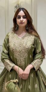 <b>Women</b> Traditional Olive Green Silk Sharara Set With Heavy Embroidery Floor-Length Loose Fit <b>Wedding</b> <b>Dress</b> India Style <b>Suit</b> - Product Image 3