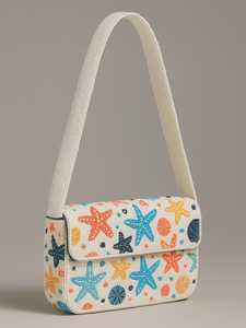 Sac à bandoulière en toile à motif étoile de mer et rayures bleues, orné de perles de verre, pour femme, idéal pour les vacances d'été, sac à rabat, sacoche, sac à main - Product Image 4