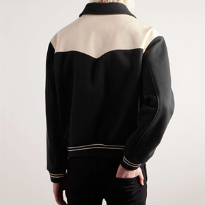 Veste universitaire personnalisée pour homme en mélange de laine noire avec col rabattu et empiècements crème, boutonnée sur le devant, style décontracté pour l'automne - Product Image 2