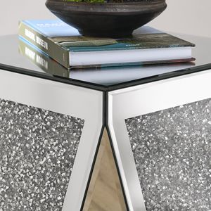 Inverted Triangular <b>Silver</b> Glass <b>Console</b> <b>Table</b> with Square Crystal Diamond Inlay for Corridors and L-Shaped Areas - Product Image 4