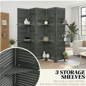 5-Panel Gray Privacy <b>Screen</b> with Storage Rack Convenient <b>Bedroom</b> Divider - Product Image 2