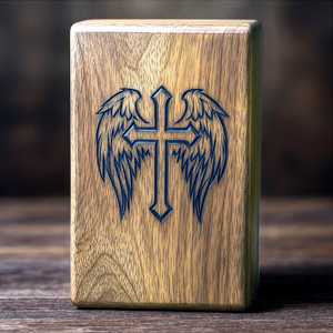 Urna Funeraria de Madera Qualcosa con Diseño de Cruz y Alas, Acabado Natural, Tamaño Adulto, Personalizable, 200 Pulgadas Cúbicas, Color Marrón - Product Image 3