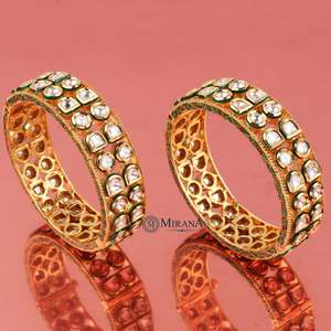 Gold Plated Double Layered Polki Kundan Cuff Bangles - Product Image 2