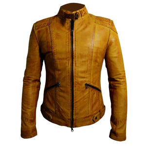 Chaqueta de Motociclista para Hombre, Estilo Urbano, Ajustada, Impermeable y Resistente al Viento, de Cuero Genuino Amarillo Mostaza - Product Image 1