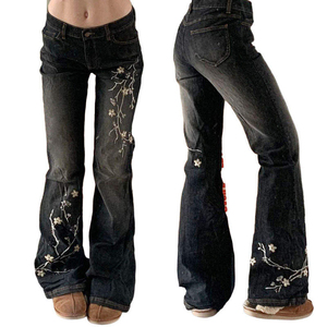 Jeans Negros Bordados con Flores para Mujer, Alta Calidad, Nuevo Estilo Y2K, Pantalones Anchos de Corte Holgado, Pantalones Casuales de Mezclilla - Product Image 1