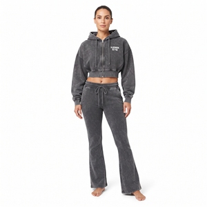 Women Acid Wash Full Zip <b>Crop</b> Top Cotton Fleece Drop Shoulder Drawstring Hoodie And Wide Leg <b>Jogger</b> Set Regular Fit Activewear - Product Image 6