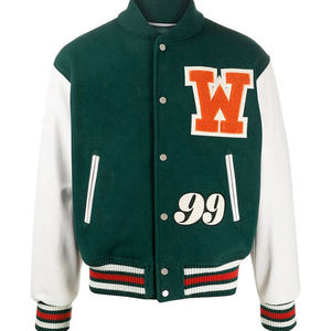 Green Varsity <b>Jacket</b> With Orange W Applique And 99 Number Preppy Style Turn-down Collar Regular Fit Autumn Wear - Product Image 1