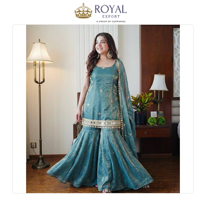 Traje Sharara de Seda Pura Fendi para Mujer, Colección de Diseñador de Ropa India para Fiestas, con Bordado de Lentejuelas, en Venta - Product Image 5