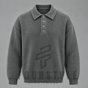 Suéter de Punto para Hombre, Color Sólido, Corte Holgado, Manga Larga, Cuello con Botones, para Otoño e Invierno - Product Image 1