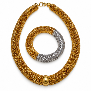 Ensemble collier et bracelet en maille tressée dorée, bijoux fantaisie bicolores or et argent pour femmes, fournisseur en gros, commandes en gros - Product Image 1