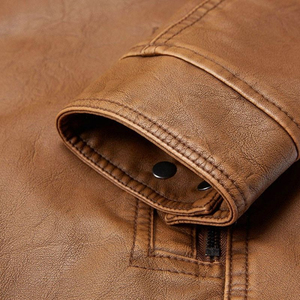 Men's Genuine Leather Biker Jacket Black | Vintage Brown Distressed <b>Canvas</b> Motorcycle Jacket with Stand Collar and Front Logo - Product Image 4