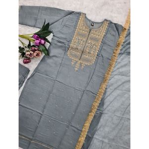 ผ้าไหม Chanderi แฟชั่นการเย็บปักถักร้อยด้านบนด้านล่างด้วยสีเขียว dupatta - Product Image 3