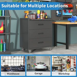 Armadio Metallico a 3 Cassetti Resistente con Ruote Nero/Grigio Organizzatore per Documenti per Casa, Ufficio o Garage - Product Image 2
