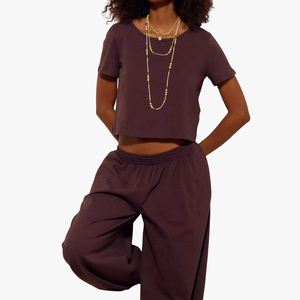 Conjunto de 2 Piezas para Mujer, Top Corto de Manga Corta y Pantalones Anchos de Pierna Ancha, Color Sólido, Corte Holgado, Informal, de Algodón de Secado Rápido, Estilo Tie Dye, para Primavera - Product Image 3